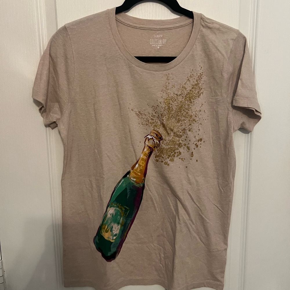 J. Crew Beige Tee with Green & Gold Champagne Bottle Graphic